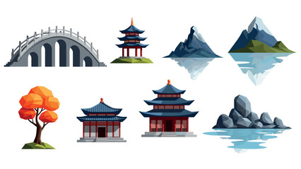 Fototapeta premium Low poly asian architecture and nature elements set