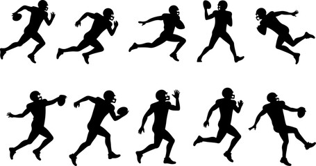 American Football Player Action Silhouettes Set
