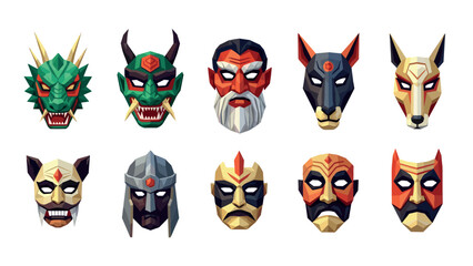 Colorful polygonal masks: dragon, demon, warrior and mythical creatures