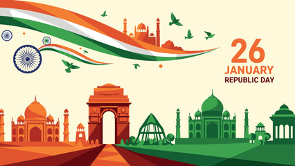Obraz premium Celebrate republic day with iconic indian landmarks and tricolor elements