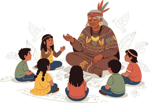 An indigenous elder teaching children on Indigenous Peoples Day Brazil, sitting in a circle with vibrant traditional clothing. Perfect for educational materials, cultural events, and social