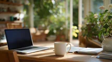 A neatly organized workspace featuring a pristine desk with a laptop, stationery, and indoor plants, creating a serene atmosphere ideal for productivity and focus. cinematic color correction,