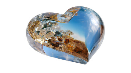 Heart-shaped glass with landscape inclusion isolated on transparent background