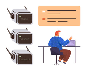 Remote work, data analysis, wireless communication, research tools, modern technology, digital innovation. A man works at a laptop beside labeled wireless devices and categorized data. Remote work