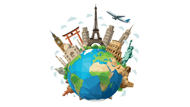 Diverse world monuments surrounding a low poly earth with airplane