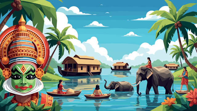 Tranquil kerala backwaters with kathakali, elephants, and houseboats in lush tropical landscape