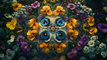Kaleidoscopic arrangement of vibrant pansies and small white flowers.