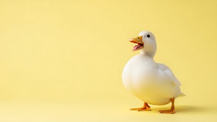 Obraz premium White duck with open beak standing on a bright yellow studio background.