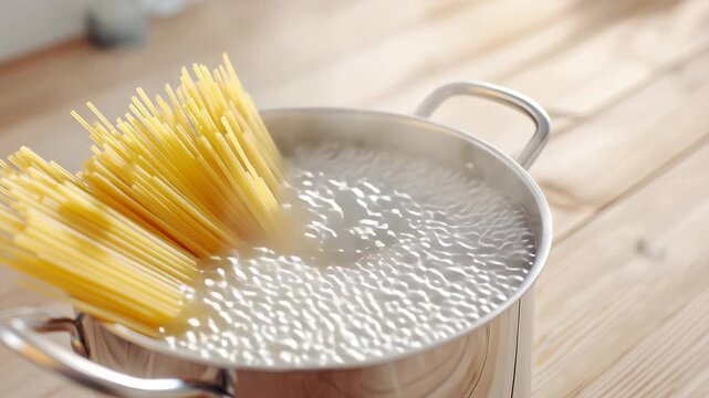 ブカティーニを大鍋で茹でるキッチンの調理シーン