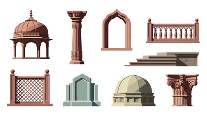 Collection of traditional architectural elements: domes, columns, arches, and more