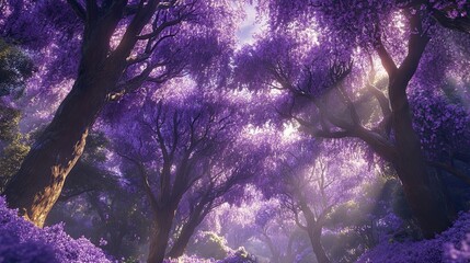 Magical forest with purple flowering trees and sunbeams.