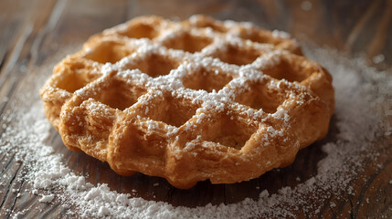 A Delightful Close-Up: Golden Waffle Dusted with Powdered Sugar, A Culinary Treat on a Rustic Wooden Surface