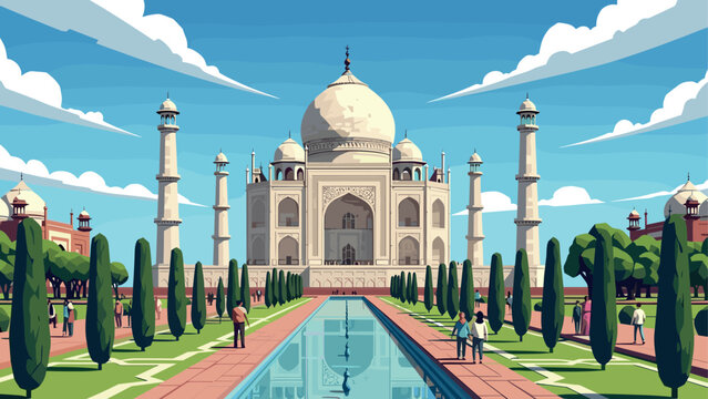 Colorful flat art of taj mahal with clear sky and reflection in water