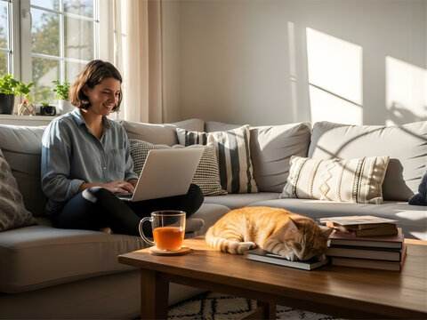 Woman working on laptop on sofa with sleeping cat in sunlit living room