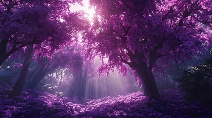 Magical forest with purple trees and glowing foliage.