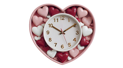 Heart-shaped clock with hearts isolated on transparent background