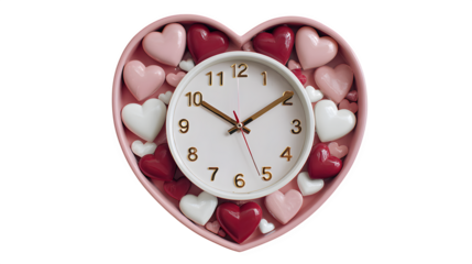 Heart-shaped clock with hearts isolated on transparent background