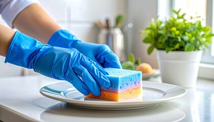 Hands in gloves cleaning a plate with a sponge.