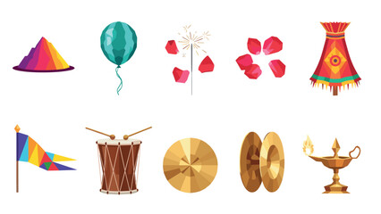 Obraz premium Festive symbol set: indian celebration icons with colorful holi, drums, and diwali elements in a flat style