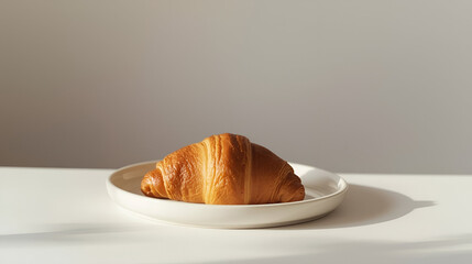 A Perfectly Baked Croissant: Capturing the Golden Crust and Flaky Layers on a Simple White Plate with Soft Lighting