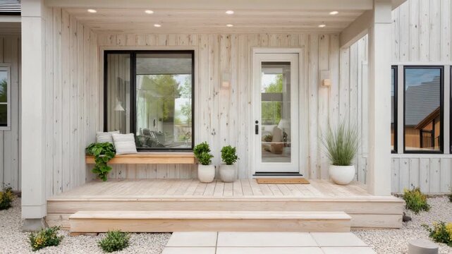 Modern scandinavian porch with wooden siding and minimalist decor