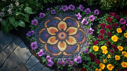 Colorful flowerbed with a pebble mosaic design in a garden.