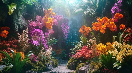 Lush tropical garden with vibrant orchid blooms and winding stone pathway.