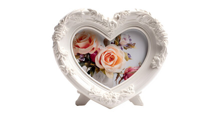 Ornate heart-shaped picture frame with roses isolated on transparent background