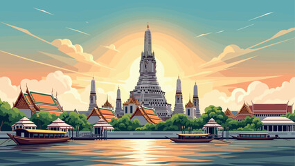 Naklejka premium Sunset over wat arun temple in bangkok with boats on the chao phraya river