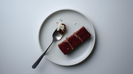 A Culinary Snapshot: Close-Up of a Red Velvet Cake Slice on a White Plate with a Spoon, Minimalist Food Photography