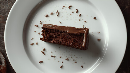 A Deliciously Simple Slice: Close-up of Chocolate Cake on a White Plate, Crumbs and Texture, Food Photography