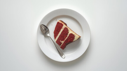Overhead View of a Delicious Slice of Red Velvet Cake on a White Plate with a Spoon, Ready to Be Enjoyed, Perfect for Dessert