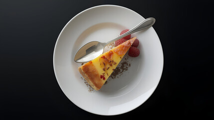 Delectable Slice of Gourmet Tart on a White Plate, Garnished with Raspberries and a Silver Spoon, Against a Dark Background