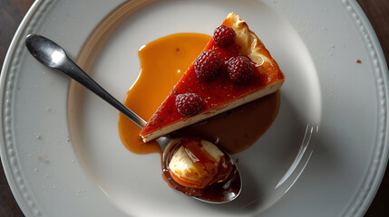 Decadent Cheesecake Delight: A Slice of Paradise with Raspberry Garnish, Caramel Sauce, and a Scoop of Vanilla Ice Cream, Presented on a White Plate