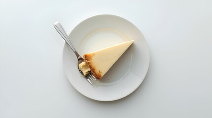 A Delicious, Overhead Shot of a Slice of Cheesecake on a White Plate with a Fork, Perfect for Dessert, Food Blogs, and Culinary Content