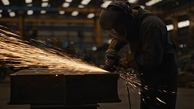 nighttime industrial factory steel worker in full safety equipment operating angle grinder sparks showering scene gritty cinematic atmosphere strong contrast shallow focus realistic metal textures
