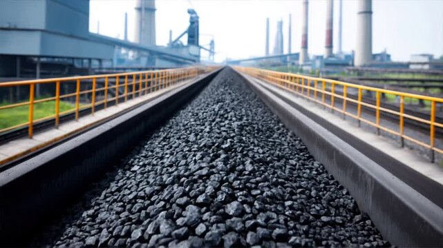 Close-up view of a coal train track in an industrial setting, showcasing the transport of raw materials.