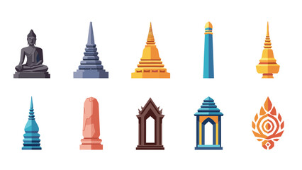 Colorful flat icons of thai temples and sculptures on white background