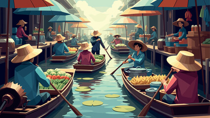 Obraz premium Vibrant floating market scene with boats and vendors in asian style canal setting