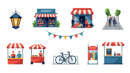 Outdoor market scene with stalls and shoppers in flat style