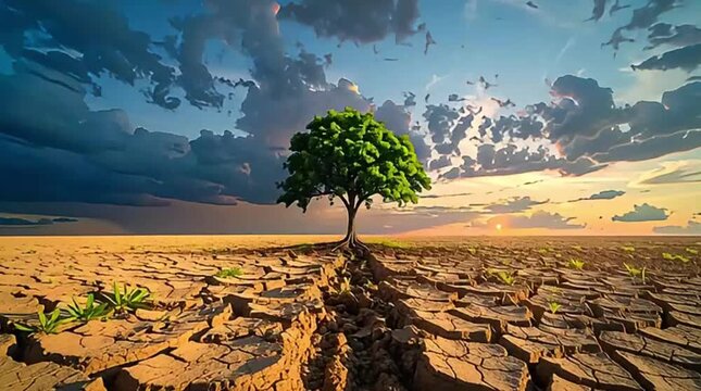 A solitary green tree bravely grows in a parched, cracked desert landscape under a dramatic sky, symbolizing resilience against climate change.