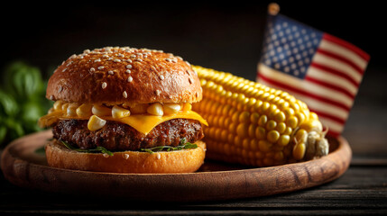 A cheeseburger and corn on the cob with an American flag