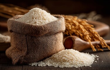 White rice that hasn't been polished is kept in a burlap sack, ready for use in a number of recipes.