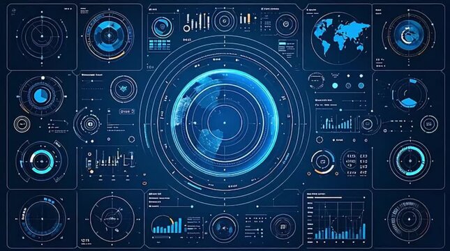A dark blue digital interface showcases a complex array of futuristic data visualizations, graphs, and a world map, representing advanced technology.