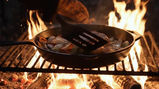 Cast-iron skillet sears meat with peppers and onions over roaring campfire flames. glowing firelight