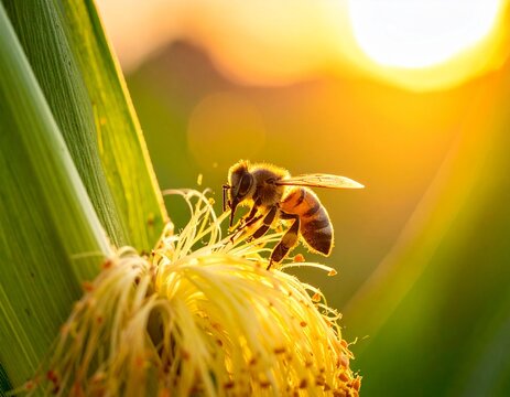 Bee Pollinating Corn Flower - A Golden Sunset Scene of Natures Harmony.