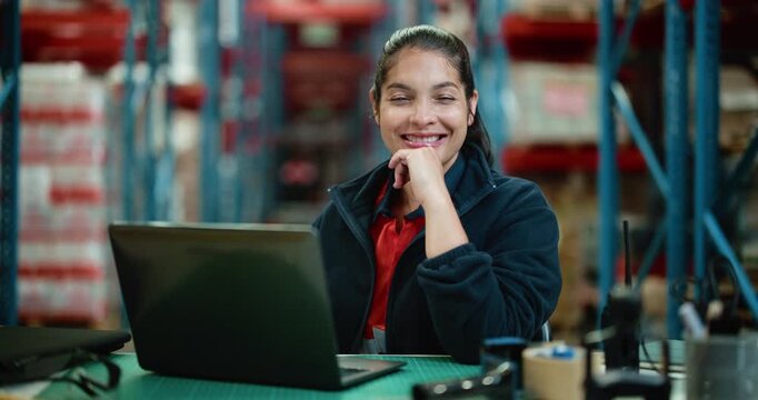 Logistics, face or woman in warehouse with laptop, pride or career in online order management. Distribution, digital or dispatch agent in depot with tech, about us or confidence in backlog control.