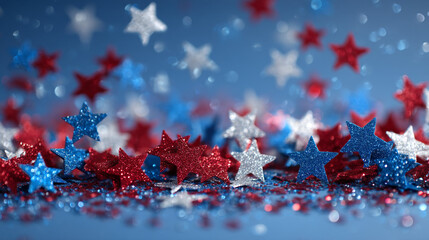 A scattering of red white and blue star confetti on a blue background