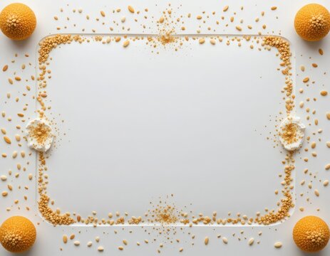 Minimal greeting card template with til laddus and sesame seeds placed only in the four corners with copy space in middle flat lay