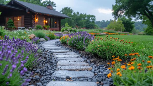 Scenic garden path leading to a charming log cabin surrounded by colorful flowers.